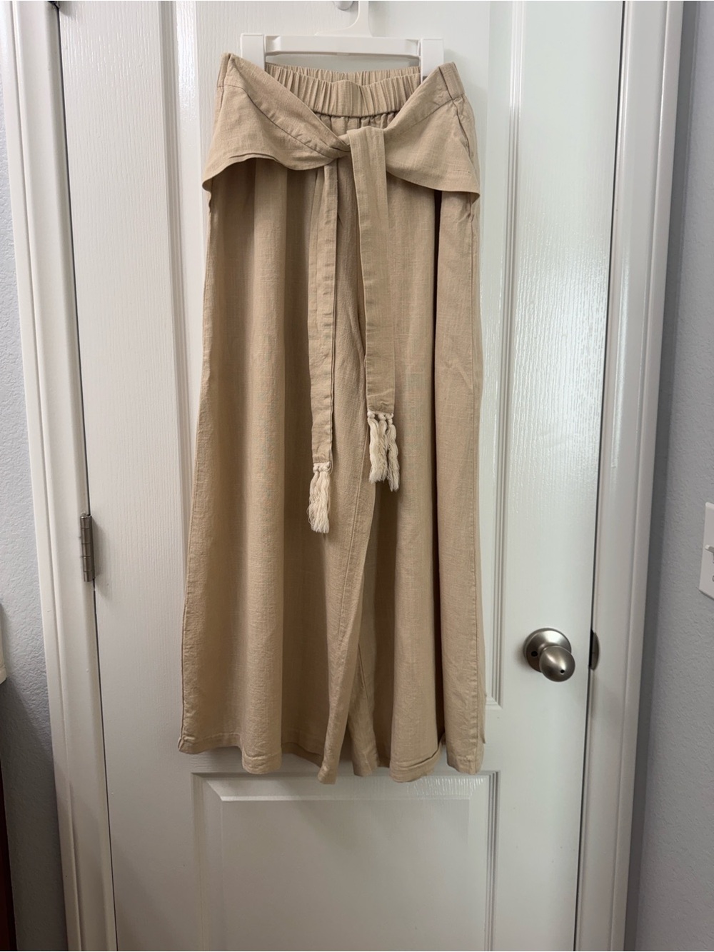 Simplee Apparel Beige Wide Leg Pants with Tie Waist
